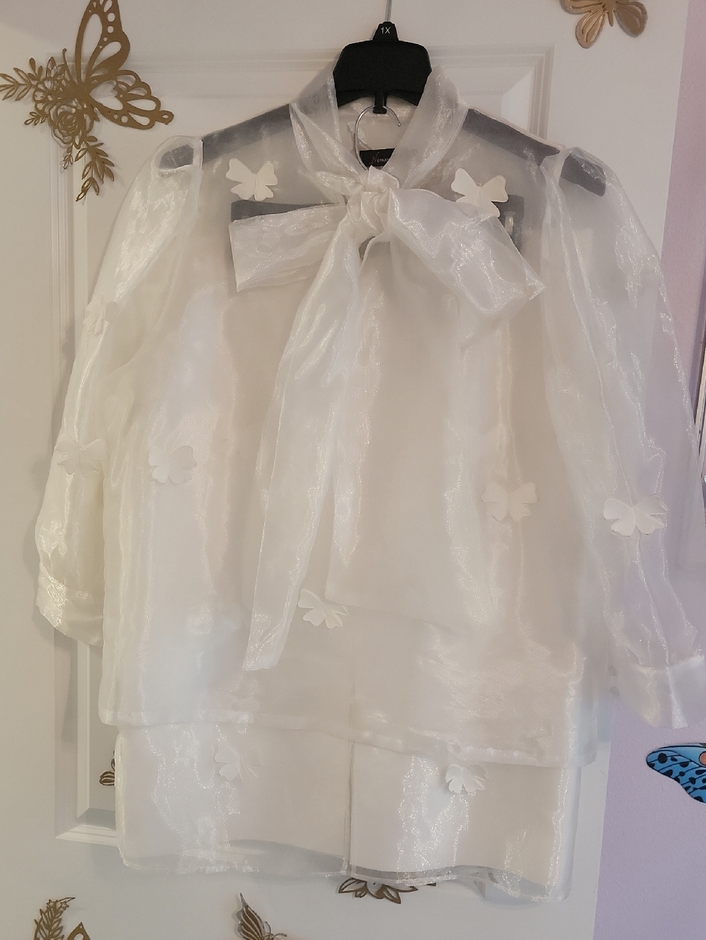 Sheer White Organza Bow Blouse with Appliqué - Women